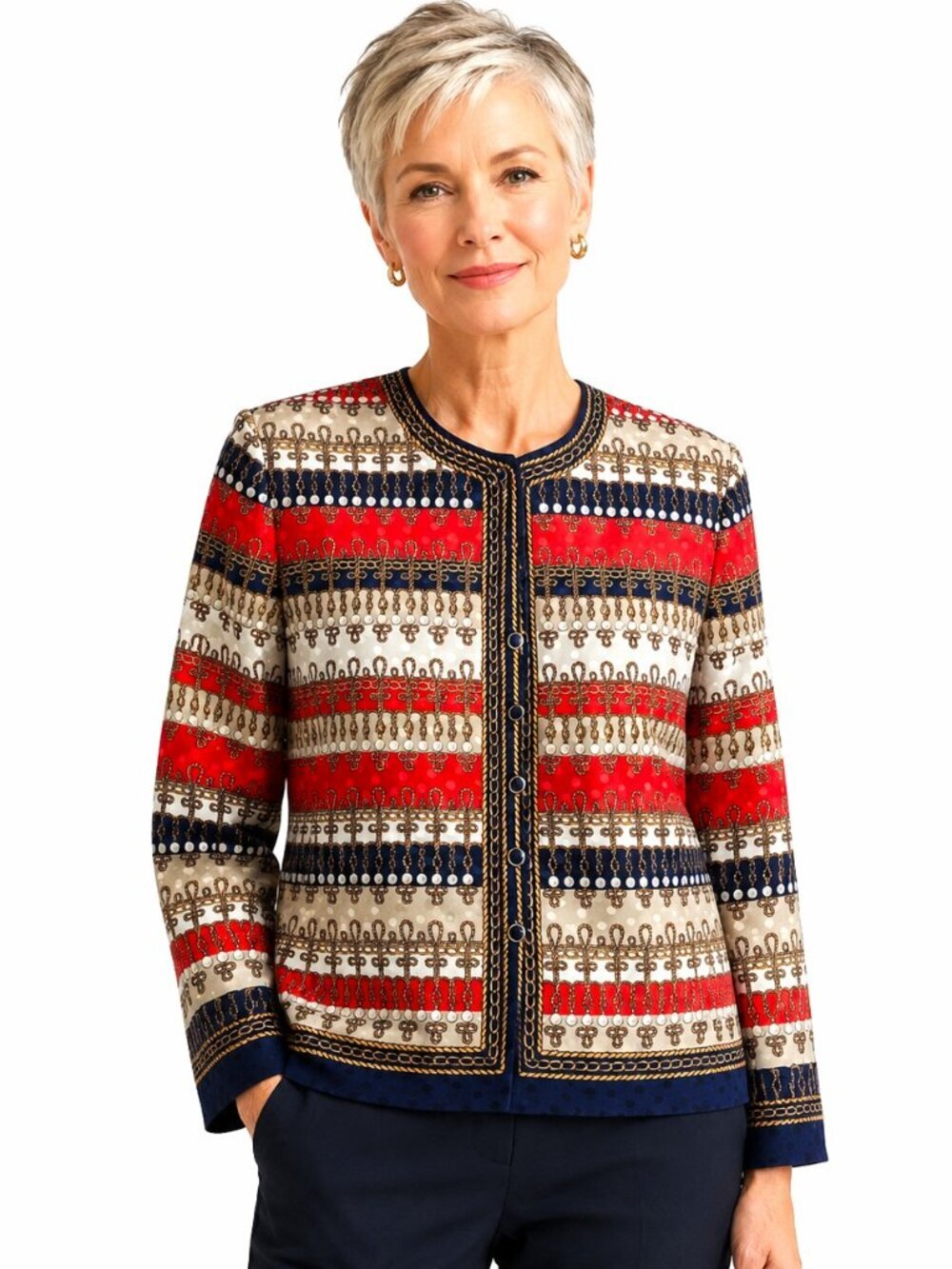 Vintage Talbots Adrianna Papell Navy Blue Red Gold Rope Print Silk Jacket